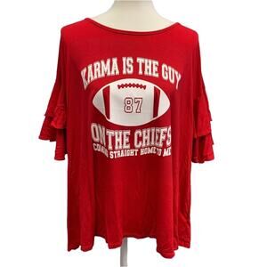 Hand Printed Large Swift Karma 87 Guy on Kansas City Chiefs Football Ruffled Tee